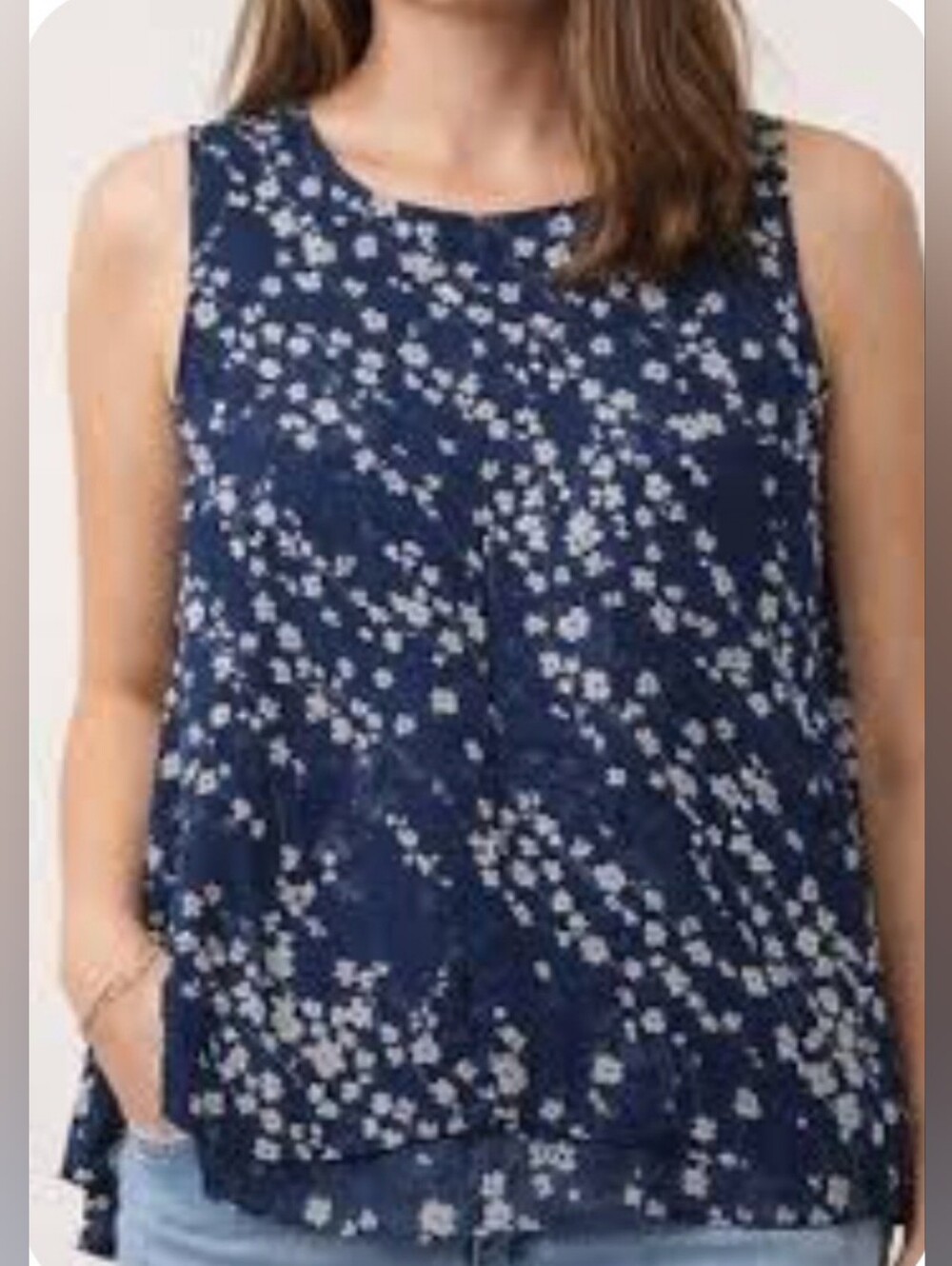 Cristina B. Navy Floral Sleeveless V-Neck Flowy Sheer Double Layer Blouse Sz LG